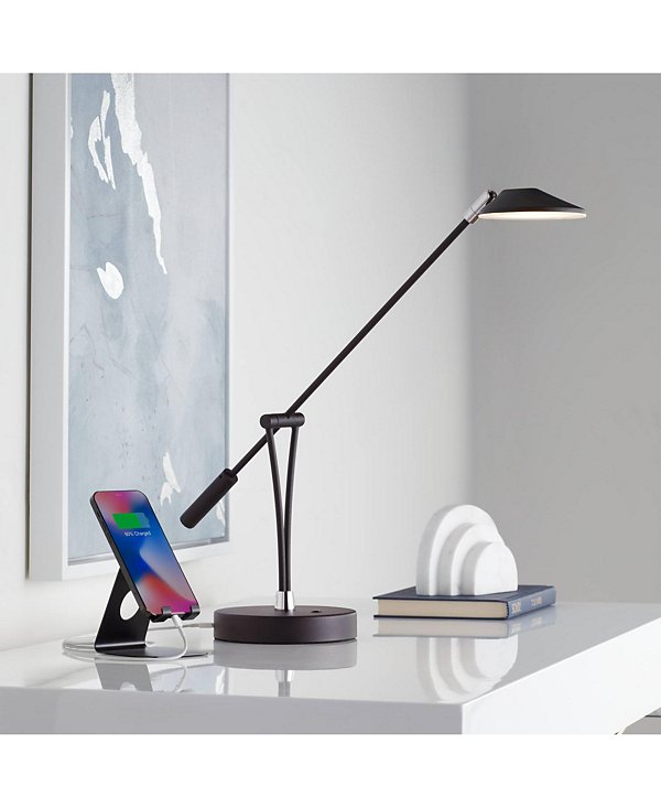 Modern Desk Table Lamp with USB Charging Port LED 20" High Satin Black Metal Adjustable Arm for Bedroom Office