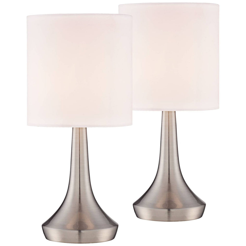 Zofia Modern Accent Table Lamps 13" High Set of 2 Brushed Nickel Silver Tapered Metal Touch On Off White Fabric Drum Shade for Bedroom