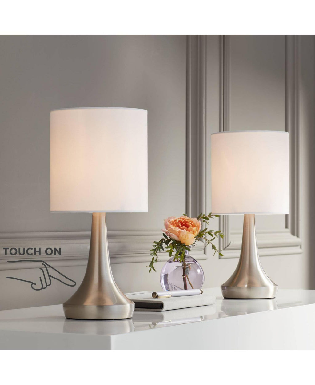 Zofia Modern Accent Table Lamps 13" High Set of 2 Brushed Nickel Silver Tapered Metal Touch On Off White Fabric Drum Shade for Bedroom