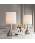 Zofia Modern Accent Table Lamps 13" High Set of 2 Brushed Nickel Silver Tapered Metal Touch On Off White Fabric Drum Shade for Bedroom