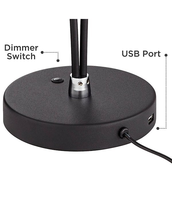 Modern Desk Table Lamp with USB Charging Port LED 20" High Satin Black Metal Adjustable Arm for Bedroom Office